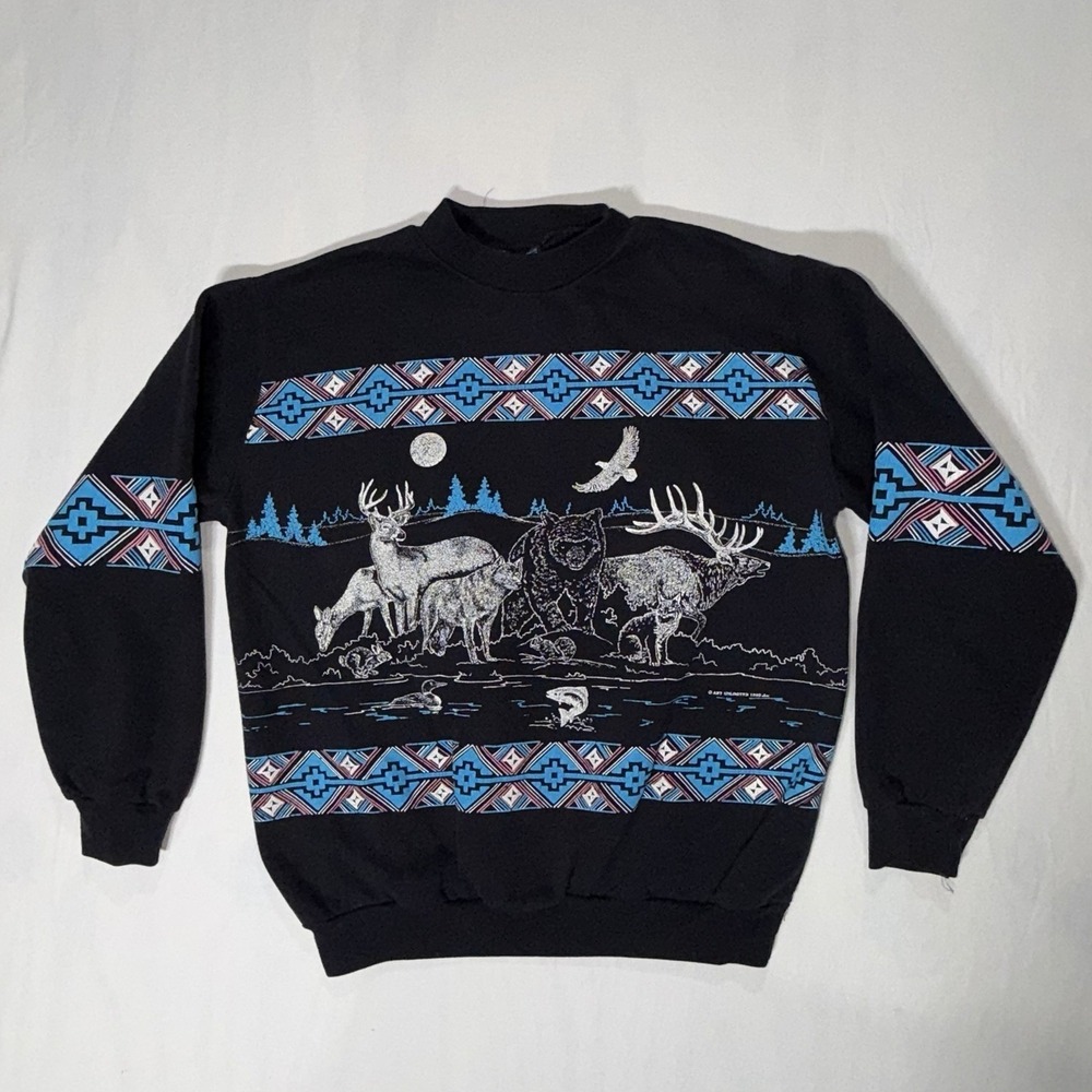 Extremely Rare AU Sportswear Vintage 90s L Sweatshirt Elk Bear Wolf Eagle Fish